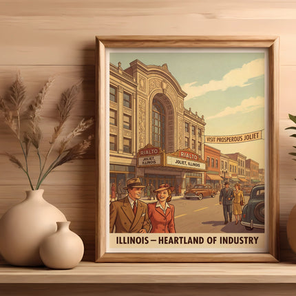 Vintage poster of Rialto theater in Joliet, Illinois with vintage cars.