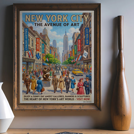 Vintage New York City Avenue of Art poster with people and buildings.