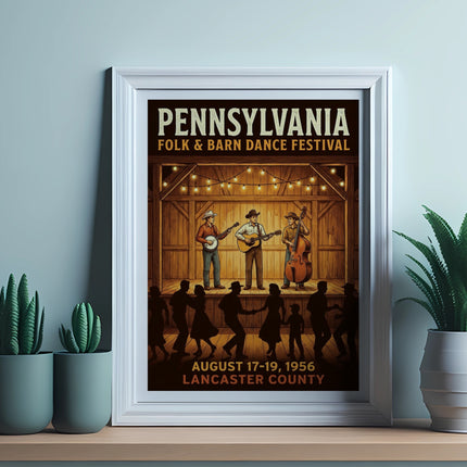 Pennsylvania Folk & Barn Dance Festival poster with dancing silhouettes and musicians.