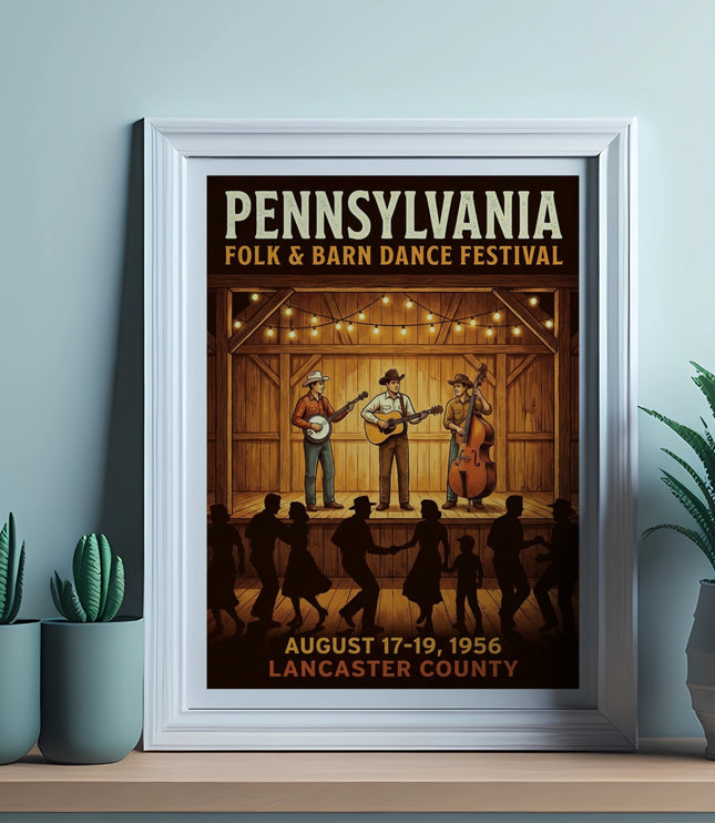 Pennsylvania Folk & Barn Dance Festival poster with dancing silhouettes and musicians.