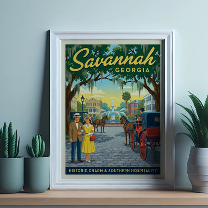 Savannah, Georgia historic charm poster with couple and horse-drawn carriage.