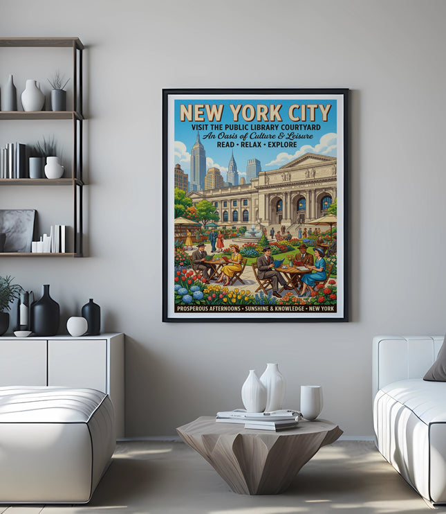 New York City Public Library courtyard vintage travel poster with text.