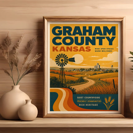 Framed Graham County travel poster with windmill, rolling hills, and text.