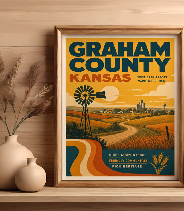Framed Graham County travel poster with windmill, rolling hills, and text.