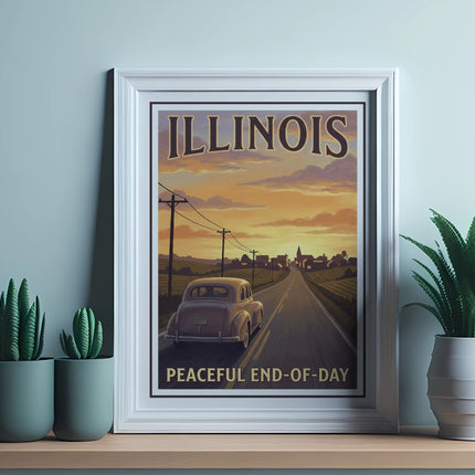 Framed "Illinois Peaceful End-of-Day" art with retro car on road.