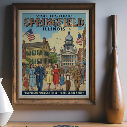 Vintage travel poster for historic Springfield, Illinois, featuring the Capitol building.
