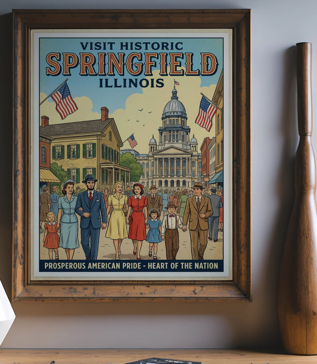 Vintage travel poster for historic Springfield, Illinois, featuring the Capitol building.