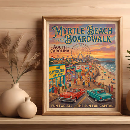 Myrtle Beach Boardwalk retro poster shows Ferris wheel, arcade, carousel, beach, and vintage cars.