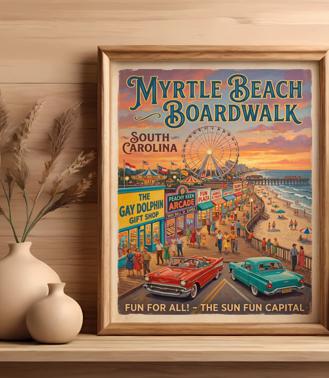 Myrtle Beach Boardwalk retro poster shows Ferris wheel, arcade, carousel, beach, and vintage cars.
