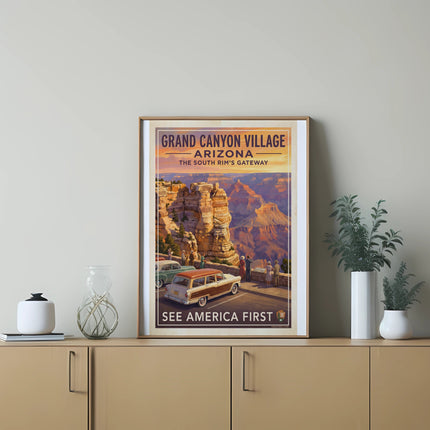Grand Canyon Village Arizona vintage travel poster with cars and people.