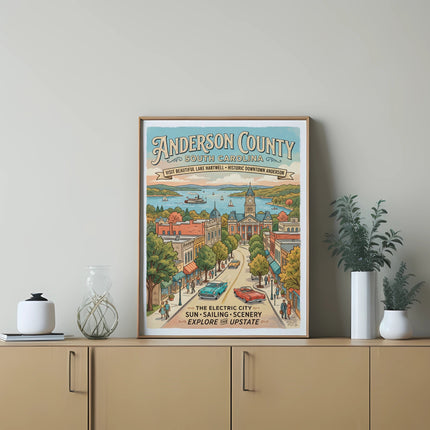 Anderson County South Carolina art with lake, downtown, and text.