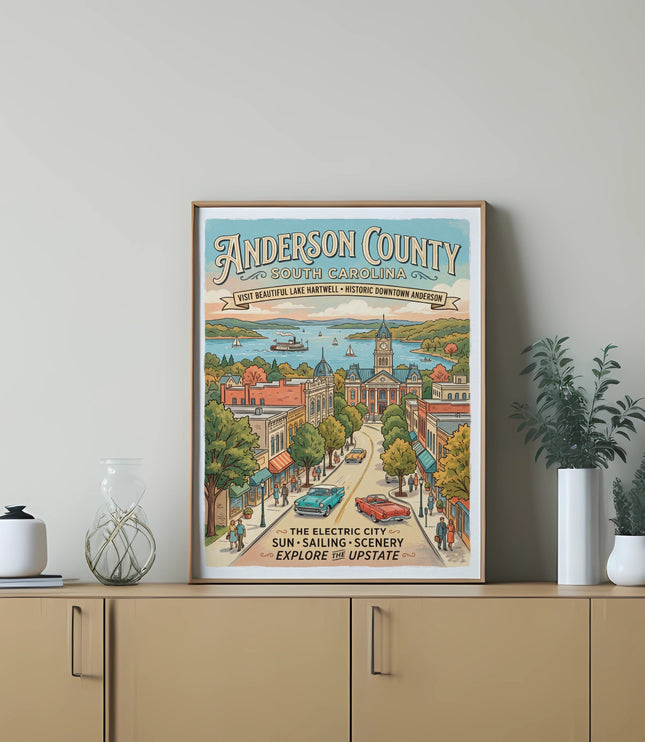 Anderson County South Carolina art with lake, downtown, and text.