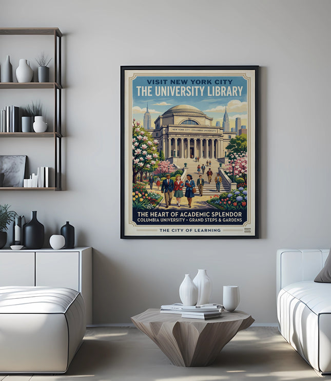 Vintage poster of Columbia University Library, depicting grand steps and gardens.