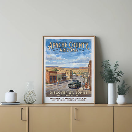 Vintage travel poster for Apache County, Arizona, depicting St. Johns street scene.