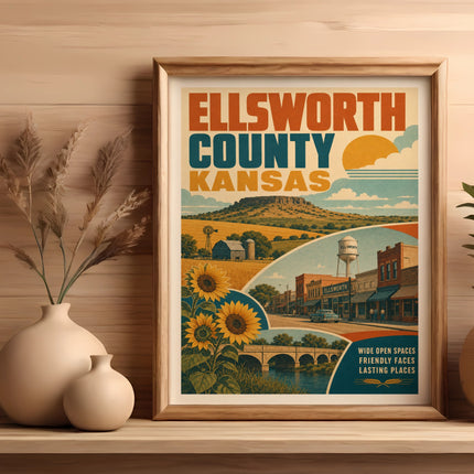 Vintage Ellsworth County Kansas travel poster with sunflowers and town buildings.