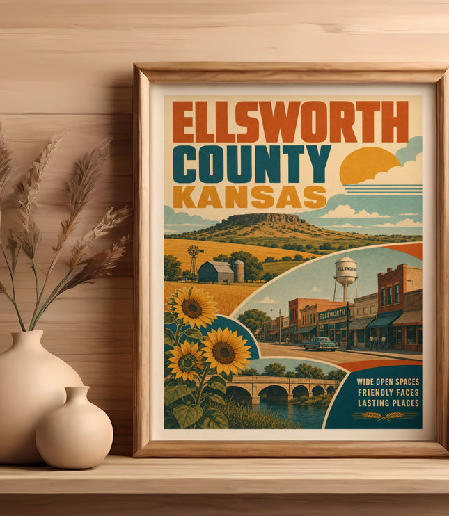 Vintage Ellsworth County Kansas travel poster with sunflowers and town buildings.