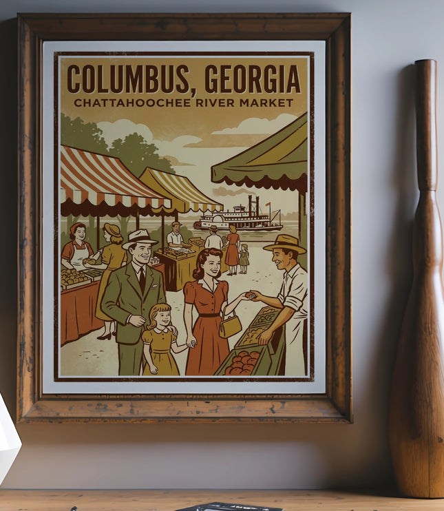 Columbus, Georgia River Market vintage travel poster with family and riverboat.