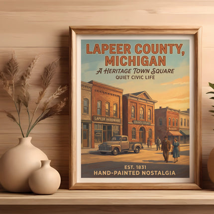 Lapeer County, Michigan vintage town square poster with Lapeer Hardware and County Court buildings.