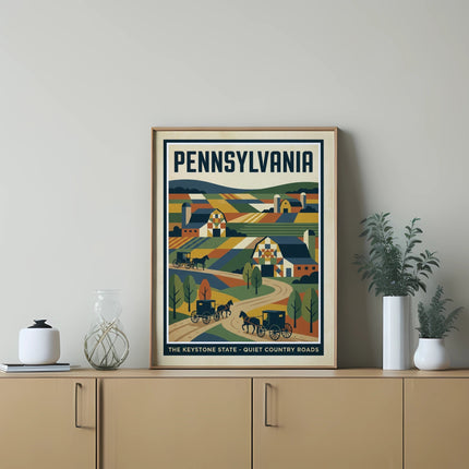 Pennsylvania countryside illustration with wagons and houses.