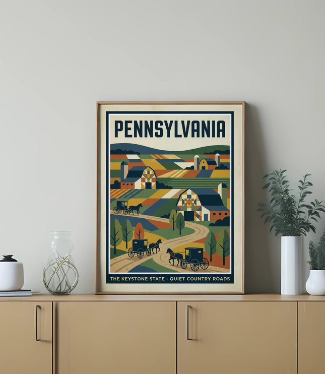 Pennsylvania countryside illustration with wagons and houses.