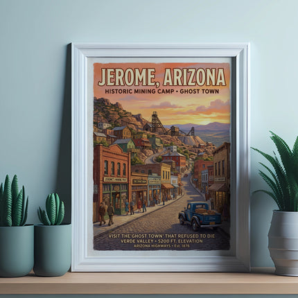 Jerome, Arizona historic mining camp ghost town poster featuring vintage buildings and a Ford truck.