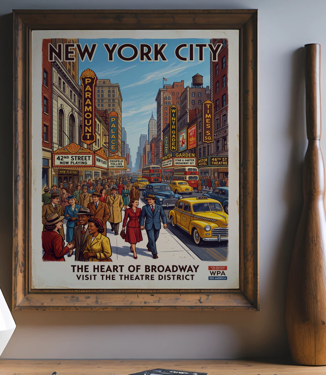 New York City poster showing Broadway theaters, crowds, and taxis.