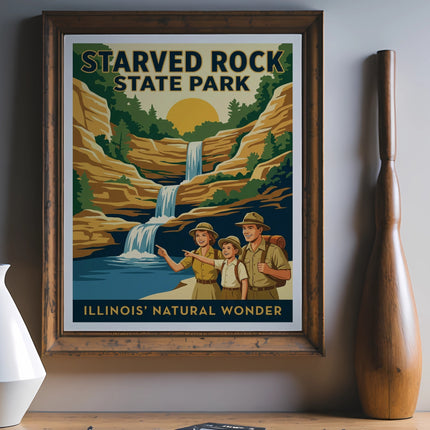 Starved Rock State Park Illinois vintage travel poster with hikers by waterfall.