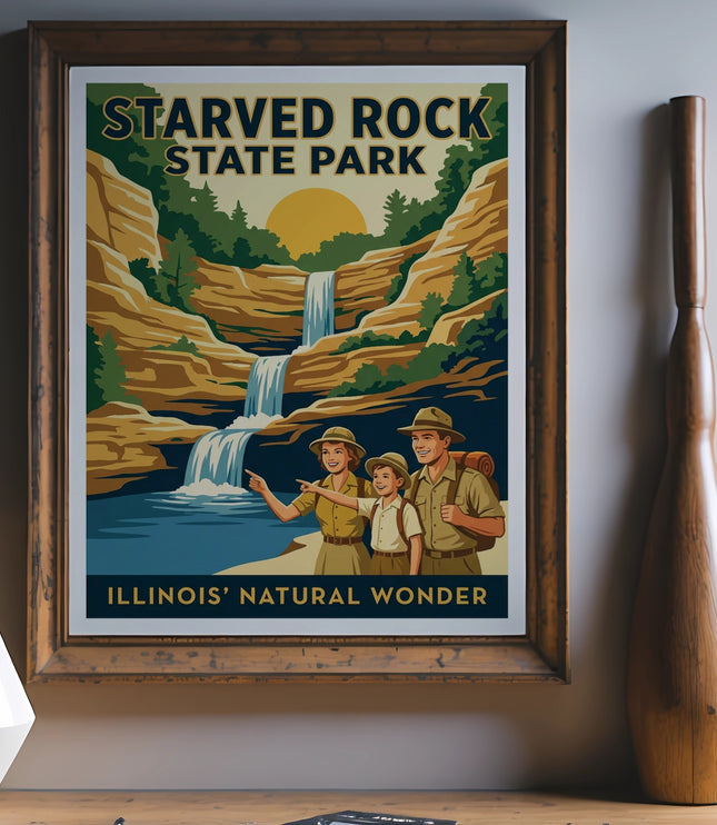 Starved Rock State Park Illinois vintage travel poster with hikers by waterfall.