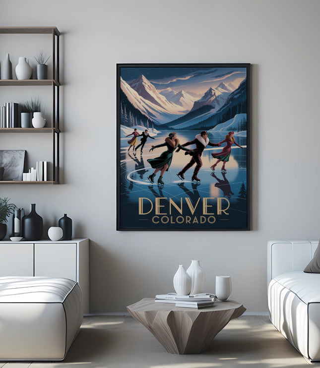 Vintage Denver Colorado ice skating poster with mountains and figures skating.