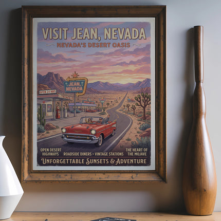 Vintage poster for Jean, Nevada featuring a red convertible on a desert highway.
