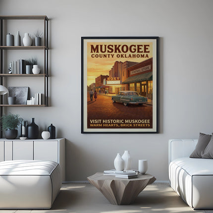 Poster of Muskogee County, Oklahoma with Roxy theater and vintage car.