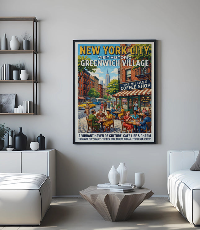 New York City Greenwich Village poster with people at a cafe and Empire State Building.