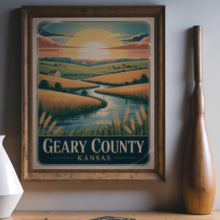 Vintage travel poster for Geary County, Kansas, featuring a sunlit river and fields.
