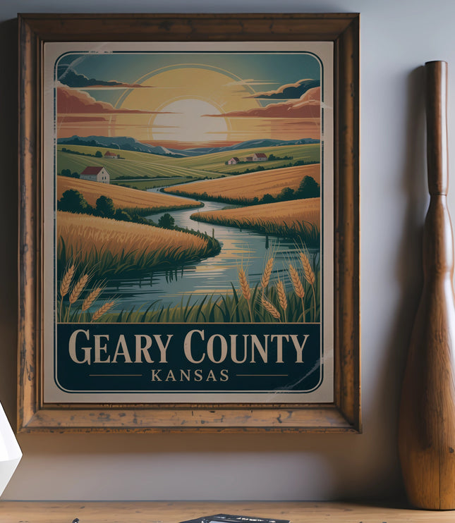 Vintage travel poster for Geary County, Kansas, featuring a sunlit river and fields.