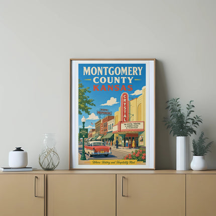 Vintage Montgomery County Kansas poster featuring a classic car and Crystal Theatre.
