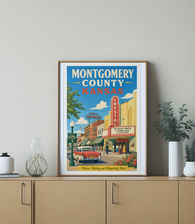 Vintage Montgomery County Kansas poster featuring a classic car and Crystal Theatre.