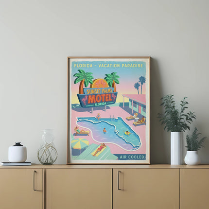 Retro motel sign for Sunset Palms Motel in Florida, featuring pool and palm trees.