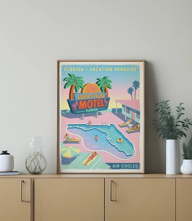 Retro motel sign for Sunset Palms Motel in Florida, featuring pool and palm trees.
