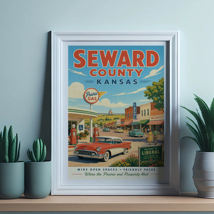 Vintage Seward County Kansas poster with classic car and gas station.