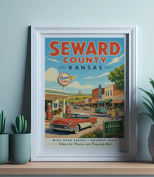 Vintage Seward County Kansas poster with classic car and gas station.