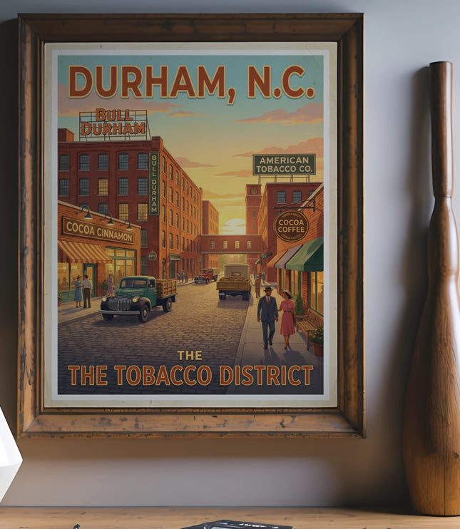 Vintage poster of Durham, NC Tobacco District with buildings, trucks, and people.