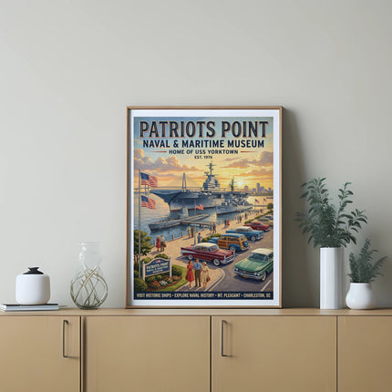 Patriots Point Naval and Maritime Museum poster featuring USS Yorktown, vintage cars, and cityscape.