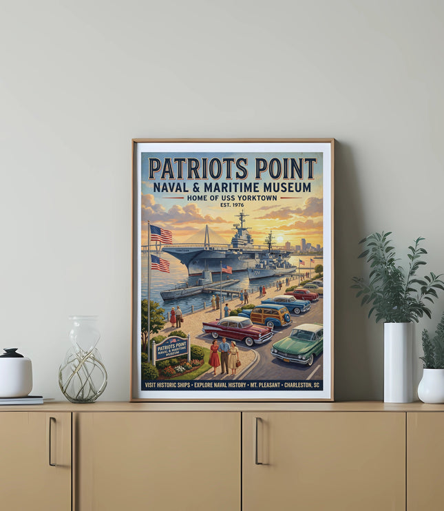 Patriots Point Naval and Maritime Museum poster featuring USS Yorktown, vintage cars, and cityscape.