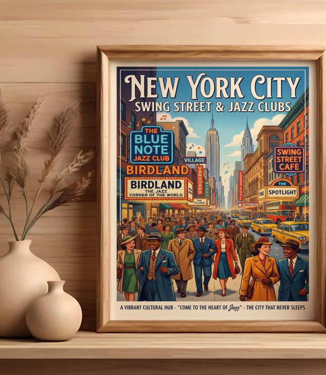 New York City Swing Street and Jazz Clubs vintage poster with city scene and people.