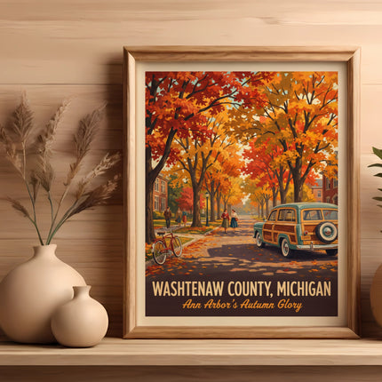 Washtenaw County, Michigan Ann Arbor's Autumn Glory poster with vintage car and bicycle.