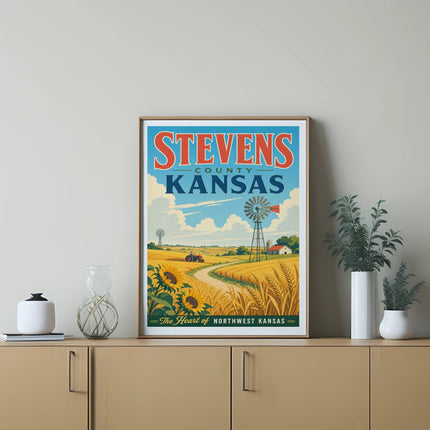 Stevens County Kansas art print with windmill, farm, and wheat field.