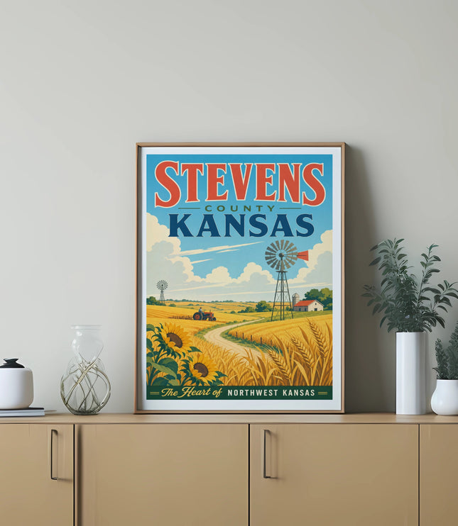 Stevens County Kansas art print with windmill, farm, and wheat field.