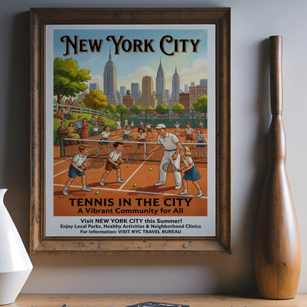 New York City poster: tennis players, park, city skyline, and text.