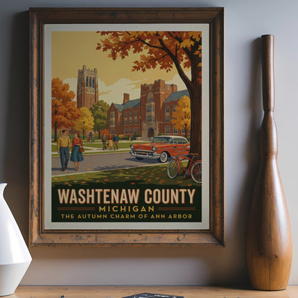 Vintage poster of Washtenaw County, Michigan, depicting autumn scenes and buildings.