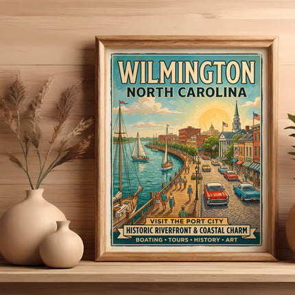 Wilmington, North Carolina vintage poster with waterfront scene and text.